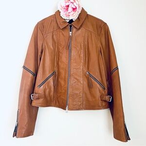 All Saints Limited Edition Tan Brown Lamb Saddler Biker Leather Jacket 10 RARE